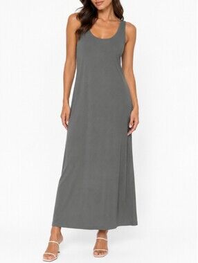 Eileen Fisher Silk Georgette Crepe Maxi Dress Size M Gray Sleeveless NWT